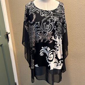 Black & White Printed Chiffon Overlay Tunic Top